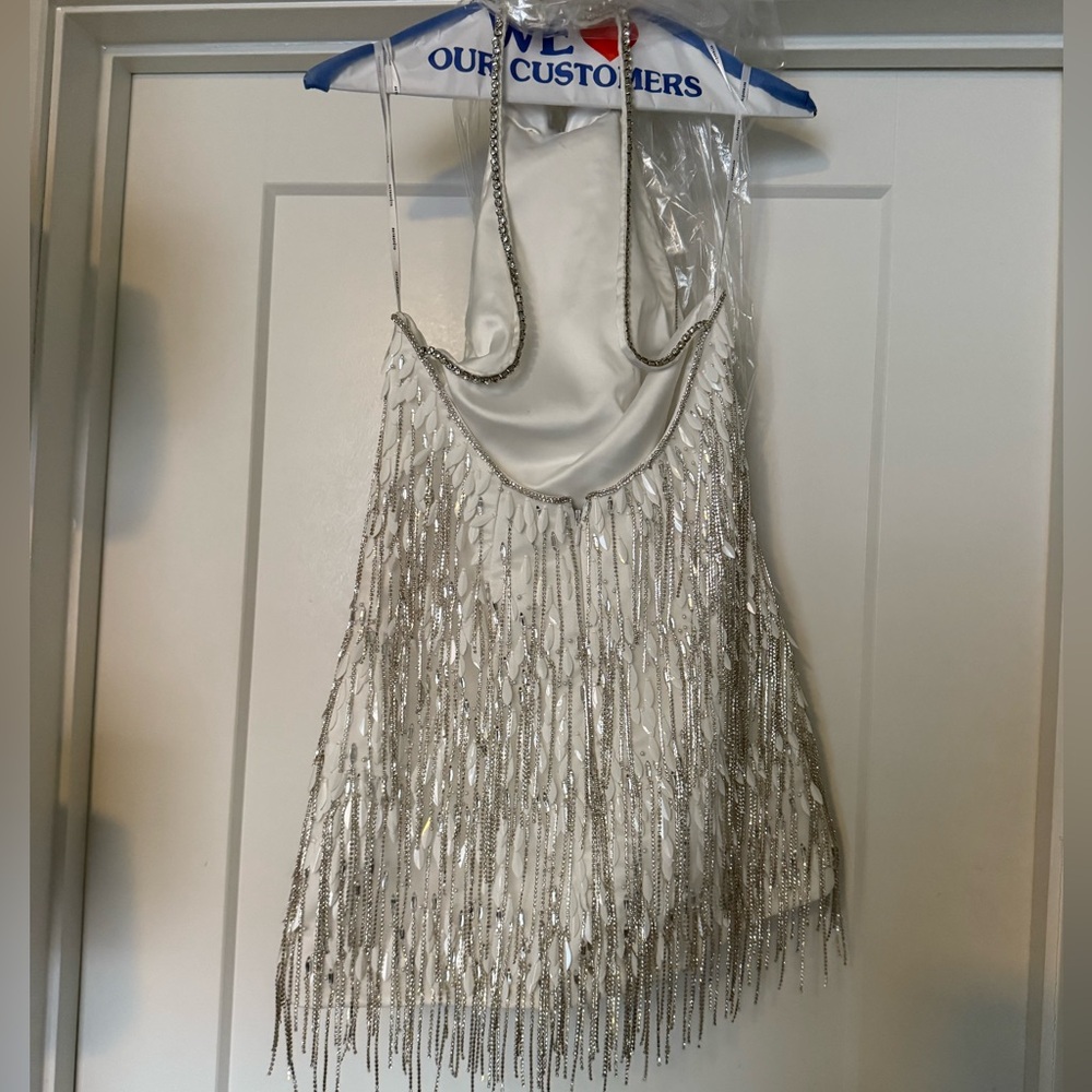 Retrofete Ivory Gold Beaded Fringe Halter Mini Dress - Picture 8 of 15